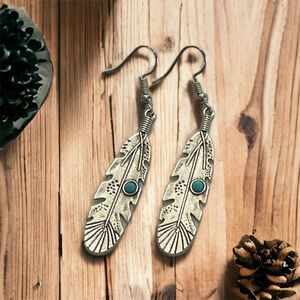 Bohemian Silver Feather Dangle Earrings